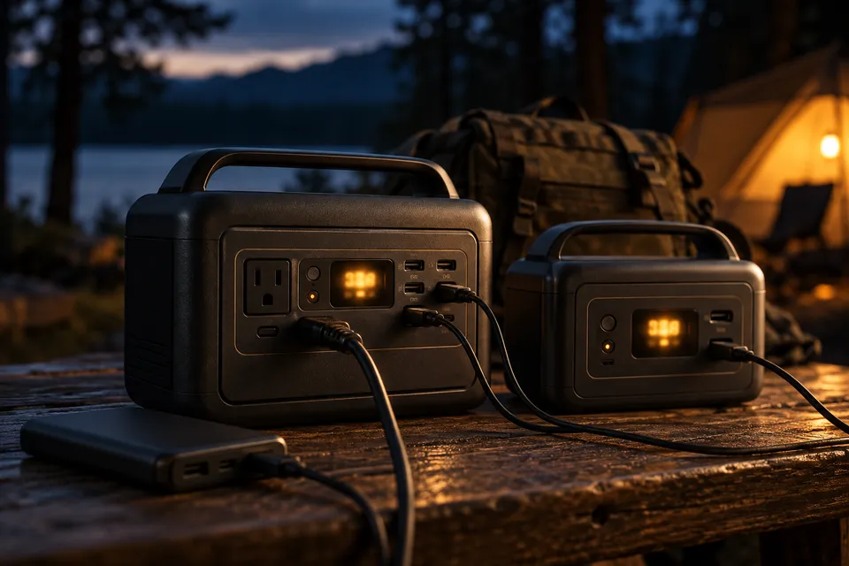 Small and medium battery stations on a campsite table
