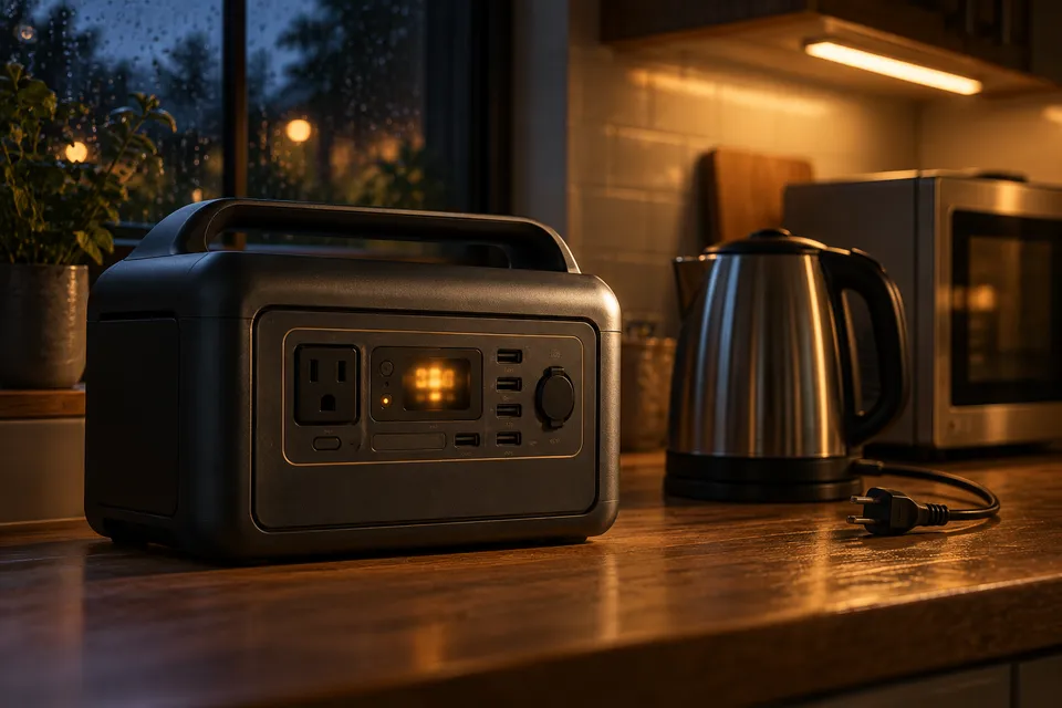 Battery station beside an unplugged kettle and a microwave