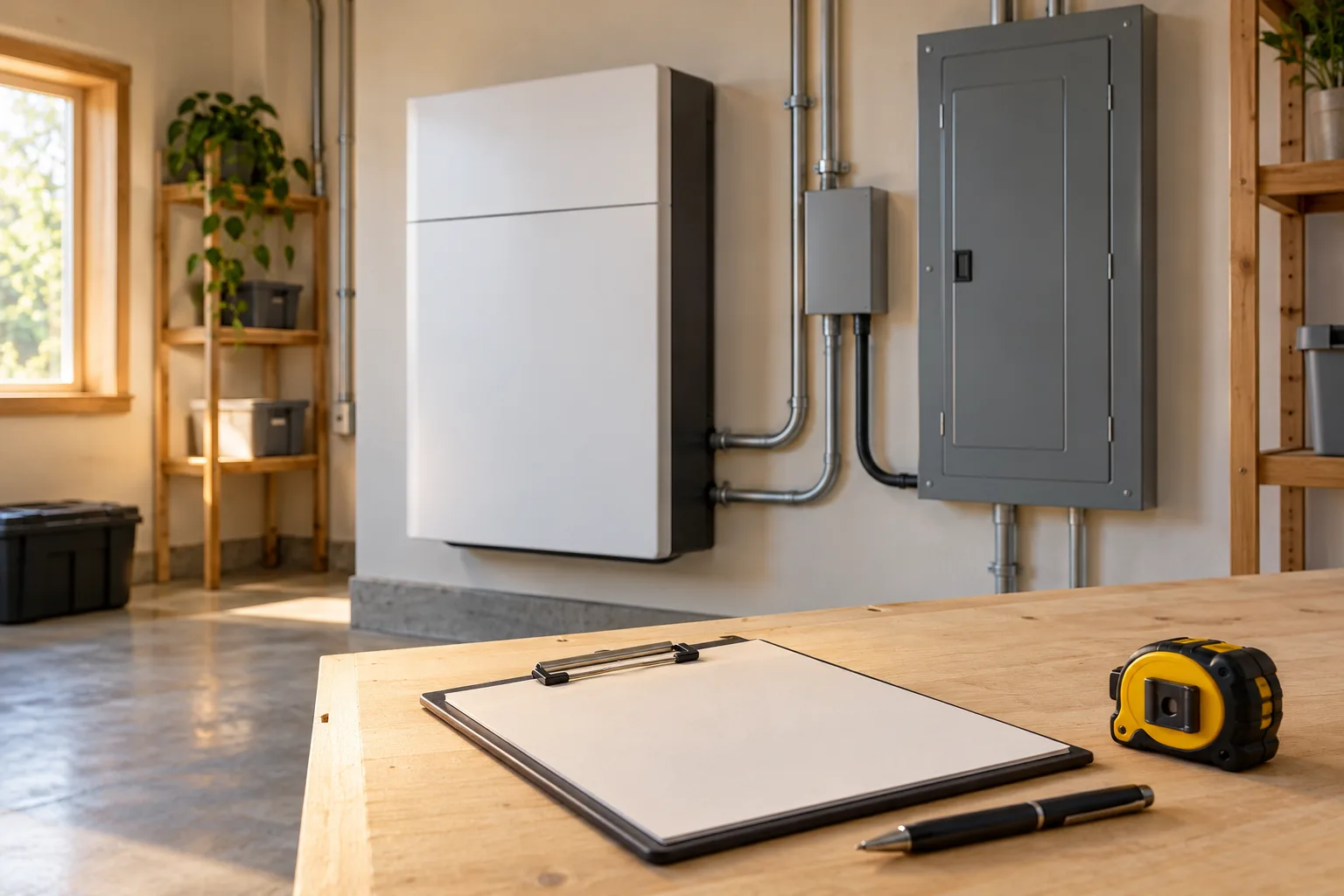 A home battery installation plan on a clipboard beside a residential electrical panel