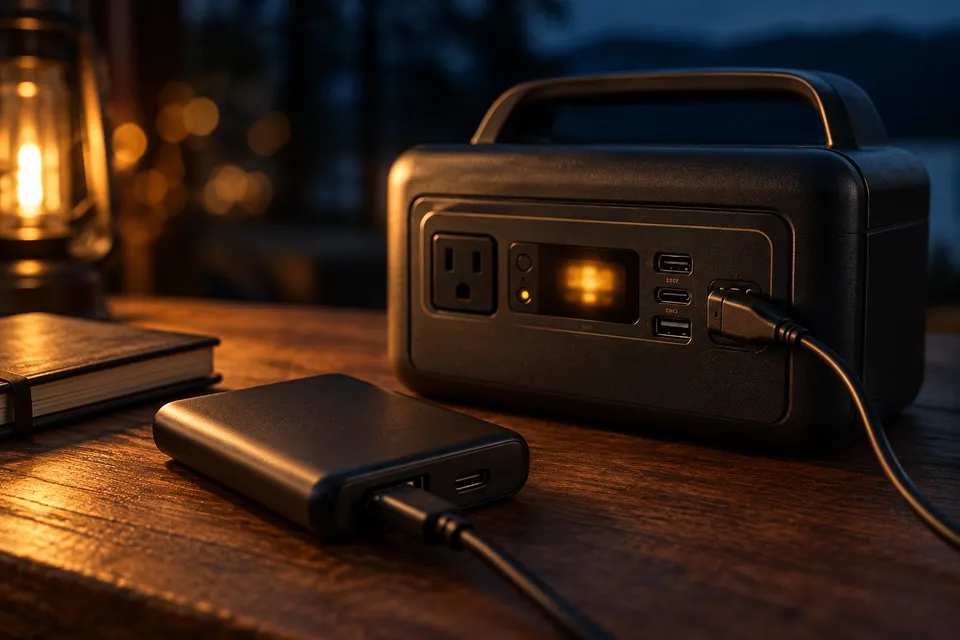 Pocket power bank and portable battery station on a desk
