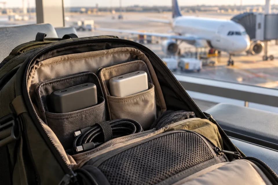 Two generic power banks packed separately in a carry-on bag beside an airport window
