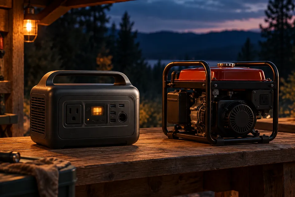 Battery station and an idle fuel generator on an outdoor workbench