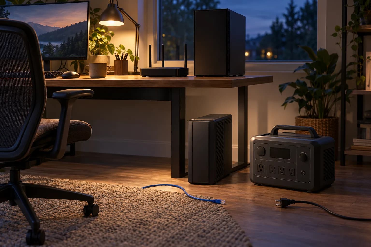 A compact desktop UPS beside a portable power station on a plain office floor