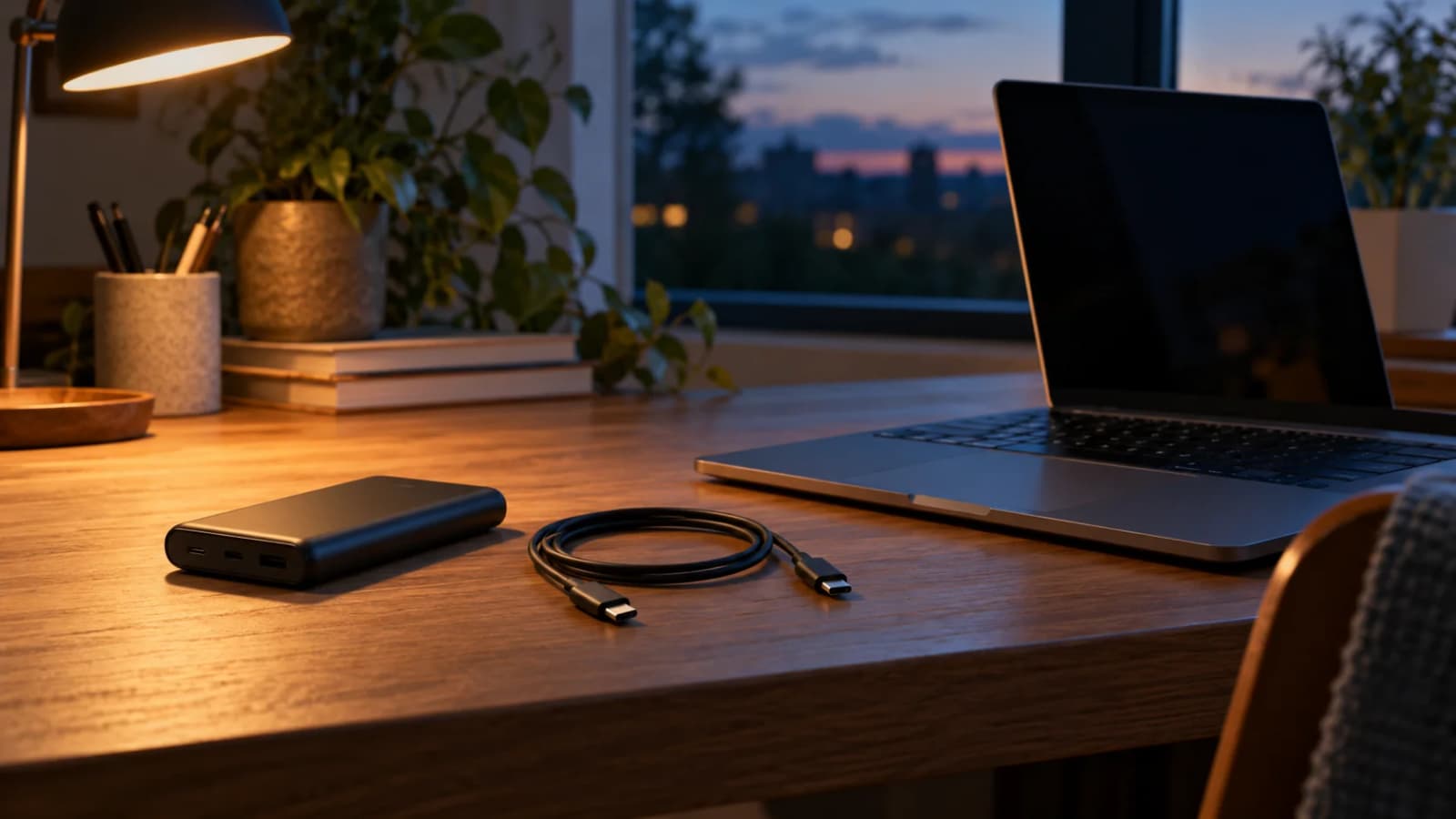 An unbranded power bank and unplugged USB-C cable beside a laptop on a desk at dusk