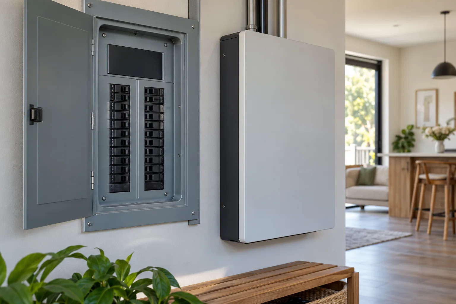 A residential electrical panel and labeled essential-circuit panel in a clean utility room