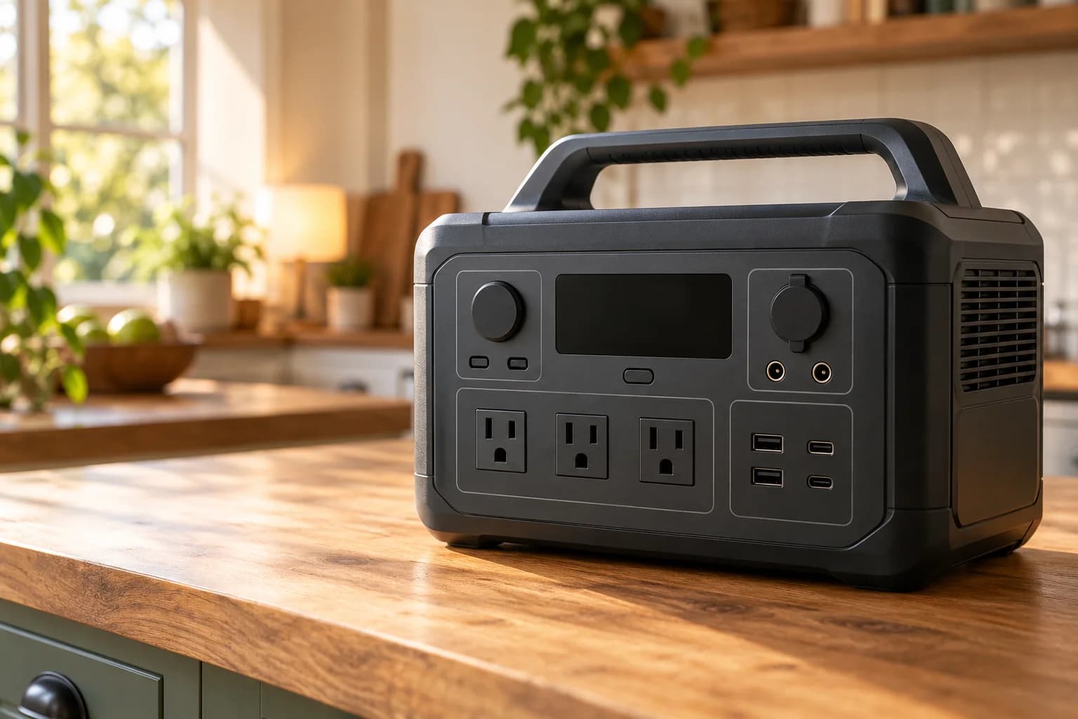 Portable power station in close view on a sunlit kitchen worktop
