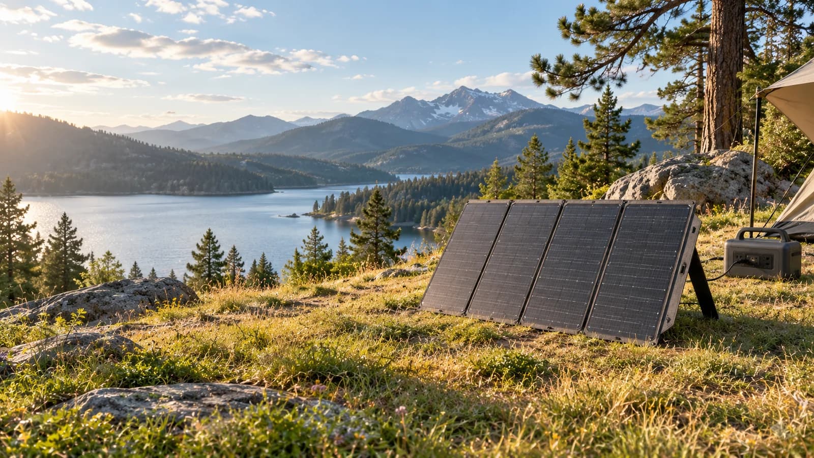 Folding solar panel deployed at a campsite