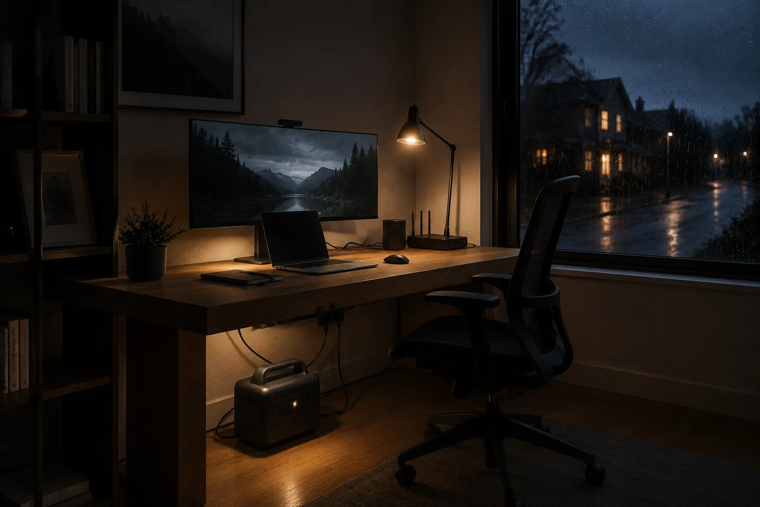 portable power station backing up a home office at night