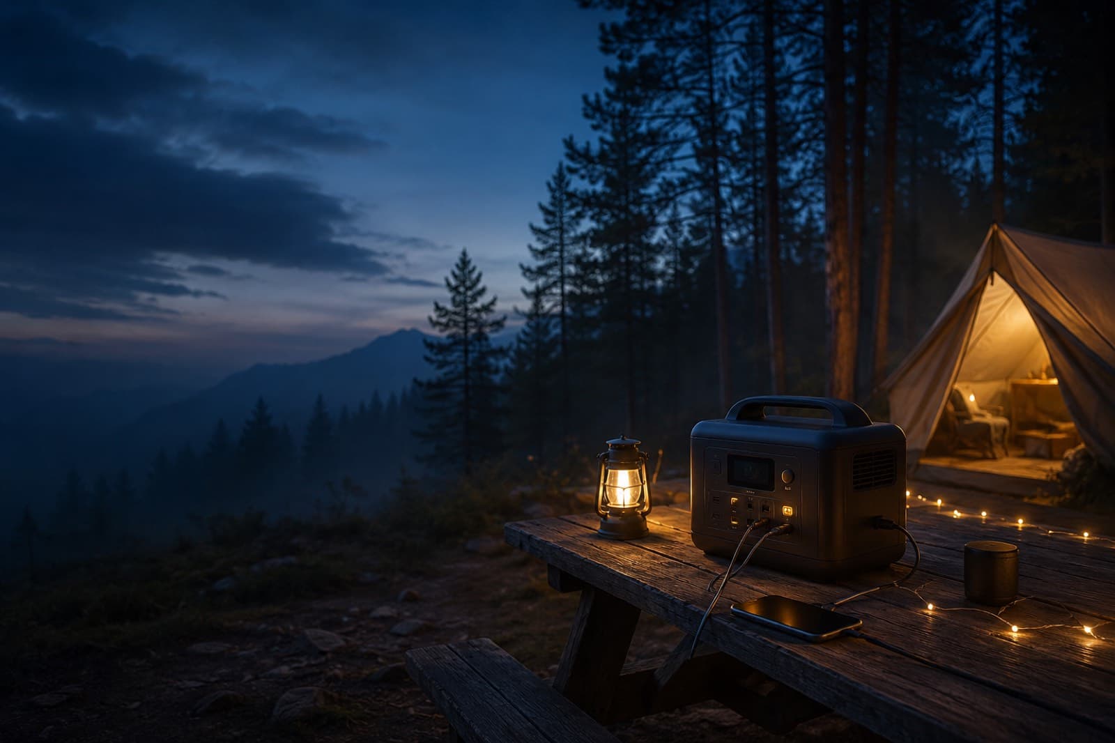 portable power station on a campsite table at dusk