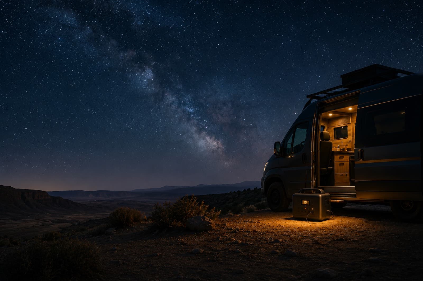 compact portable power station beside an RV at night