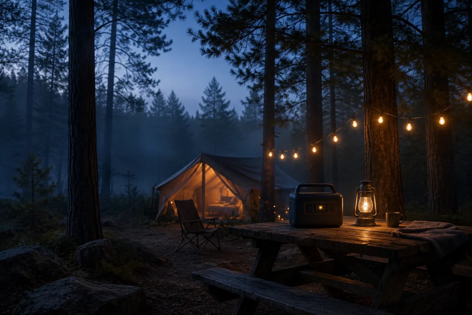 portable power station powering a campsite after sunset
