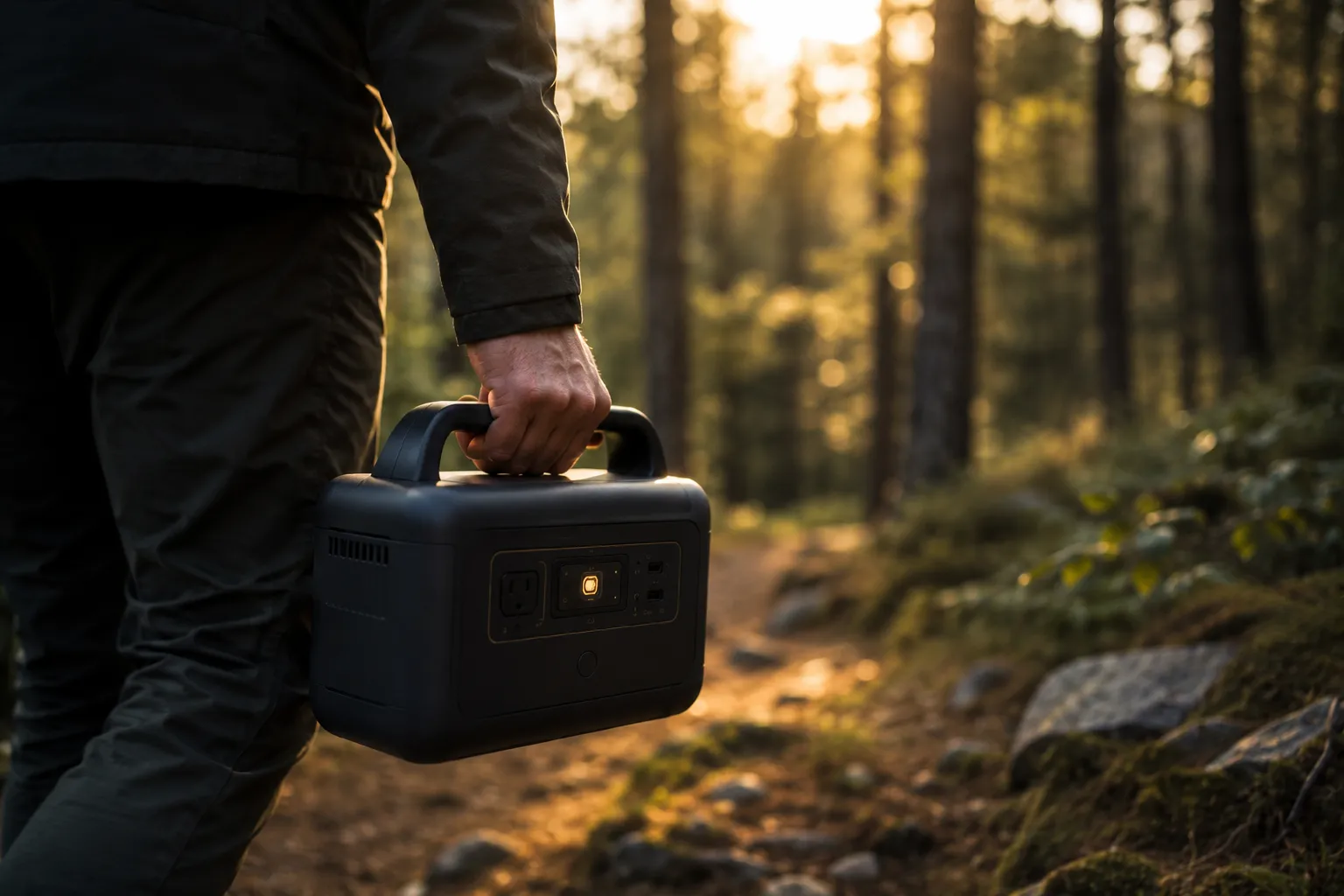 person carrying a lightweight portable power station outdoors