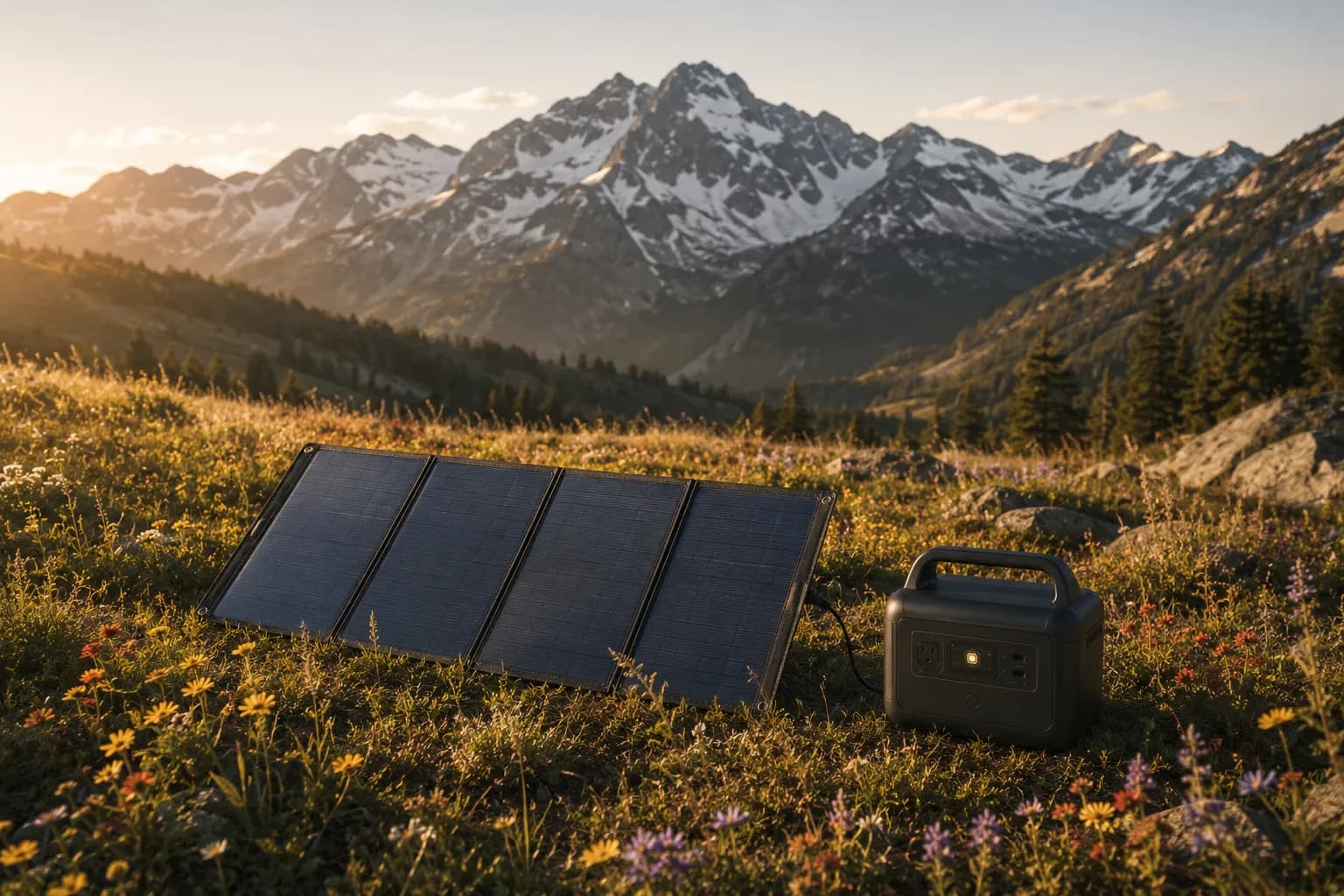 portable power station charging beside solar panels outdoors
