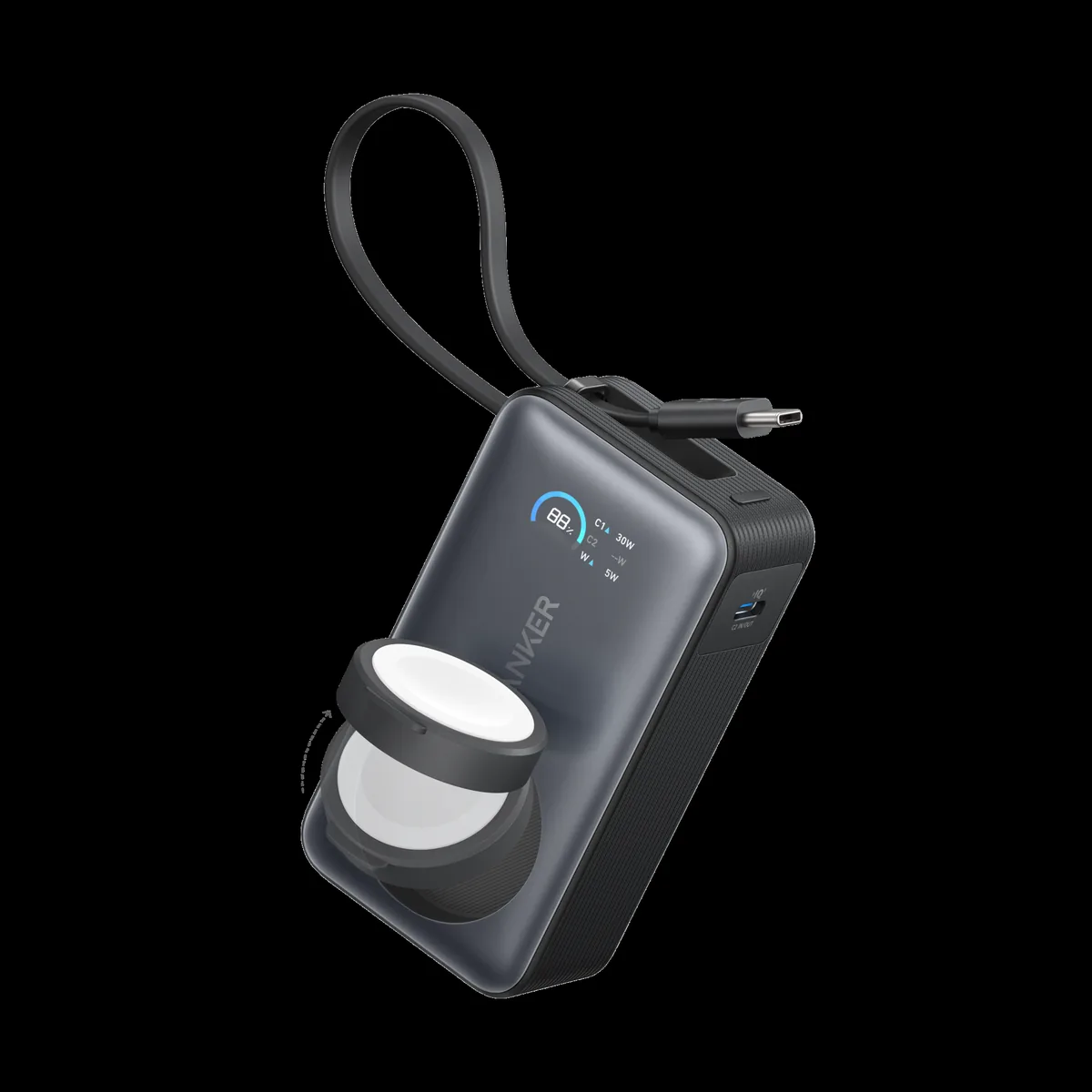 Anker MagGo power bank, model A1657, with Apple Watch charger and USB-C cable