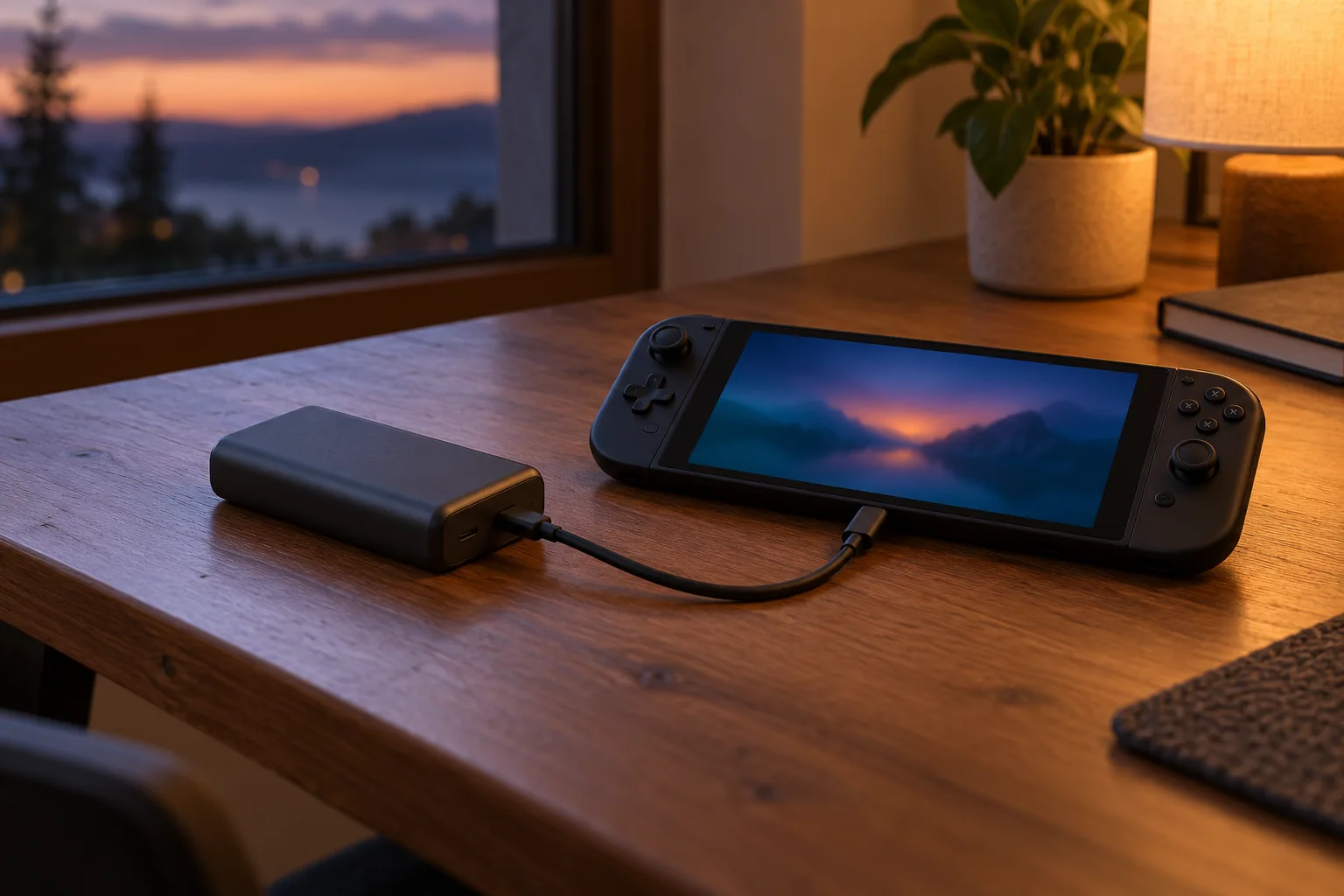A generic handheld gaming device connected to a compact power bank