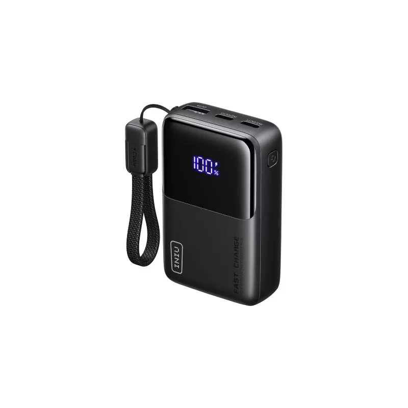INIU P50-E1 10,000mAh power bank with its display and detachable cable
