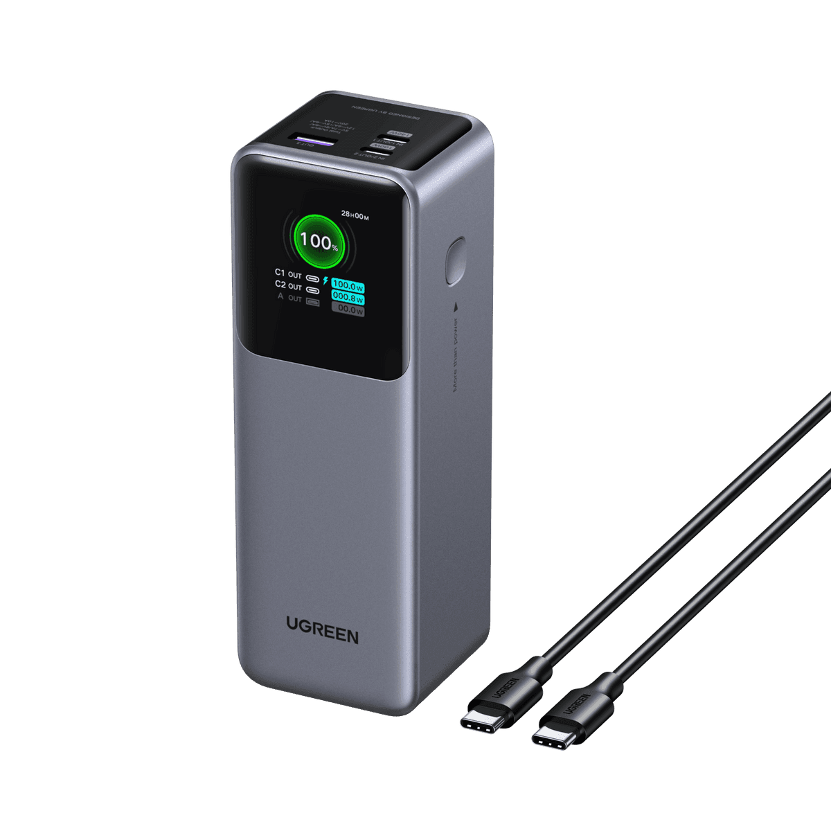 UGREEN Nexode 25,000mAh power bank with a front display, USB ports and loose charging cables