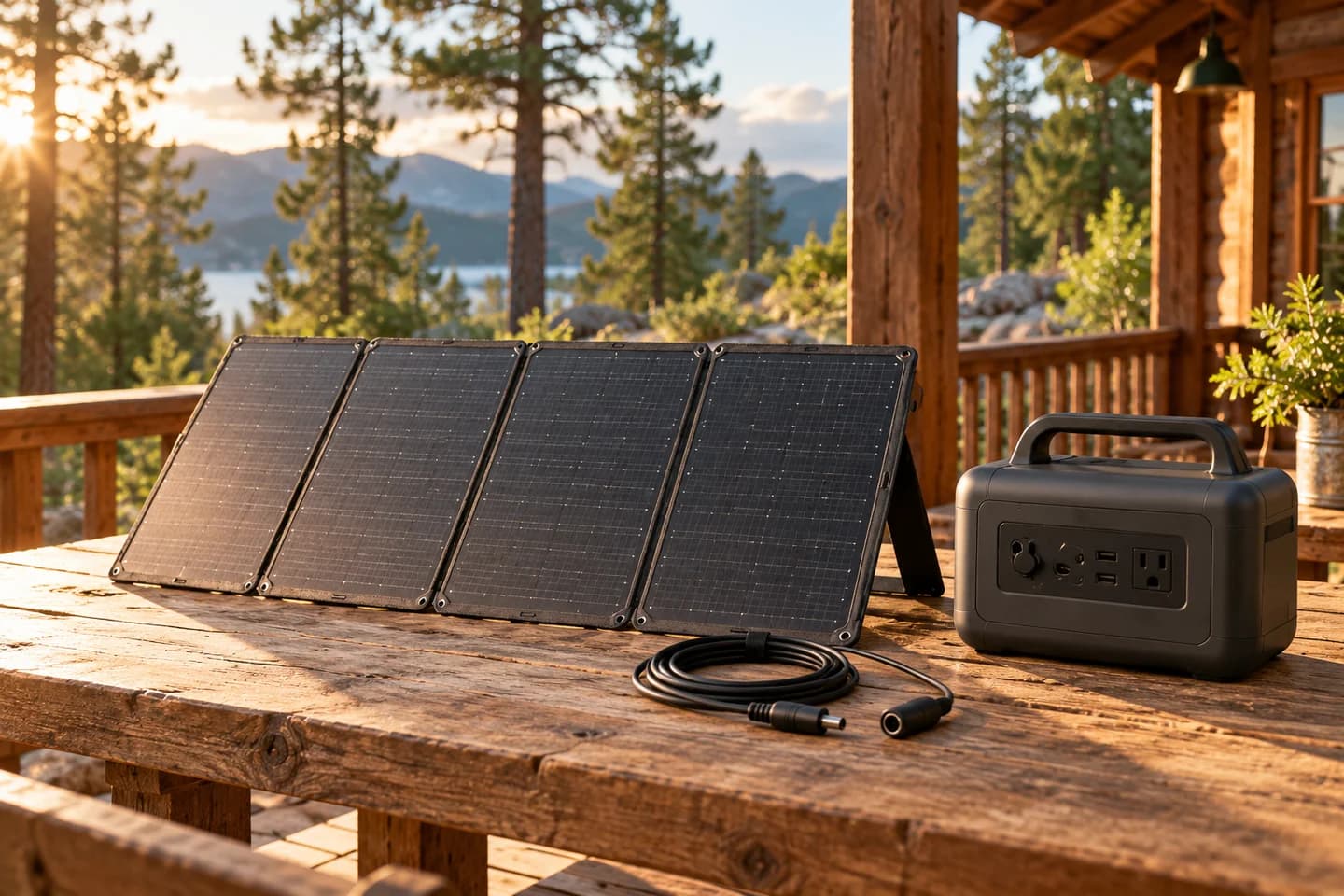 Foldable solar panel, portable battery station and disconnected cable on a cabin workbench