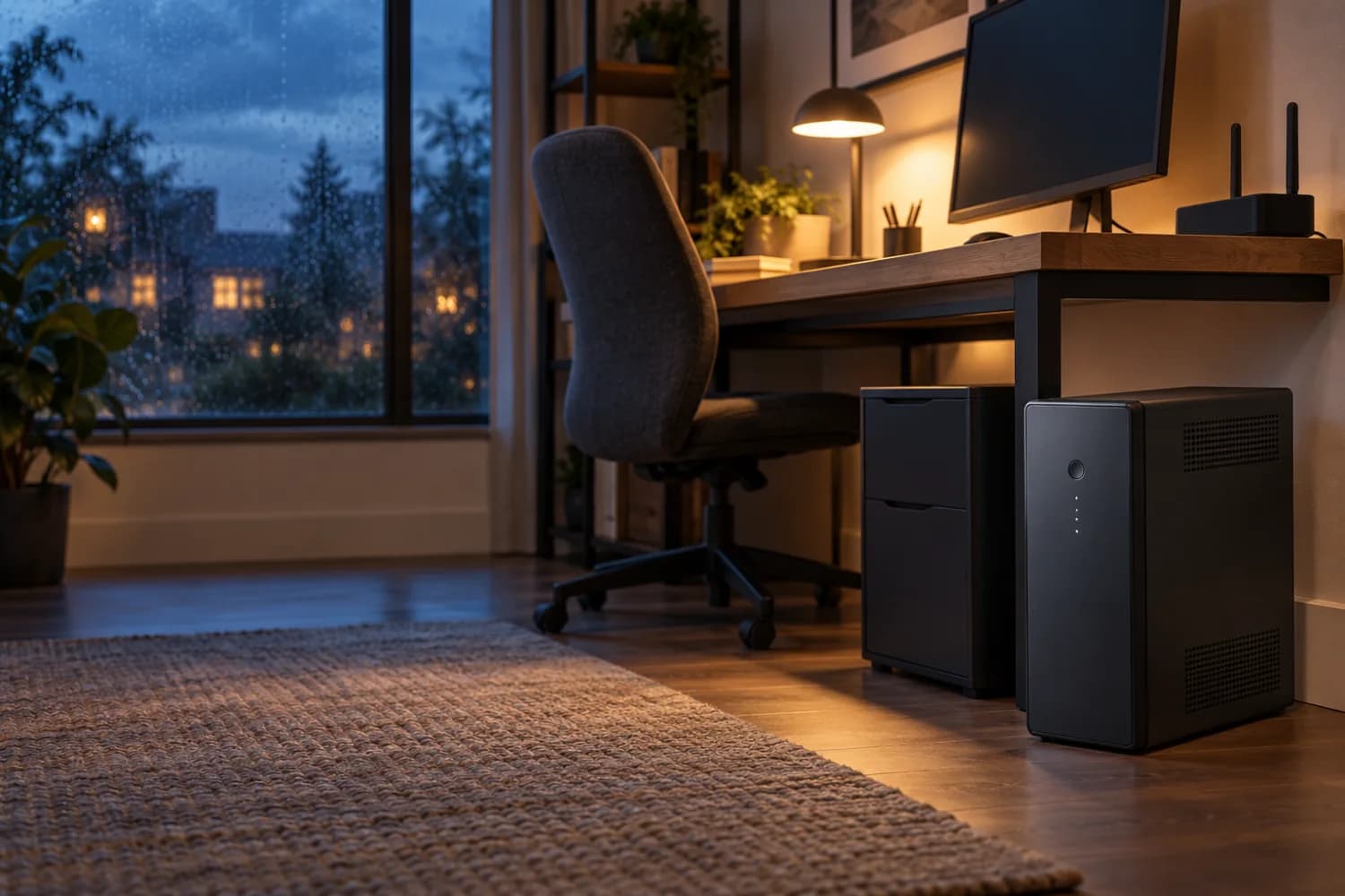 An unbranded tower UPS beside a home-office desk at blue hour