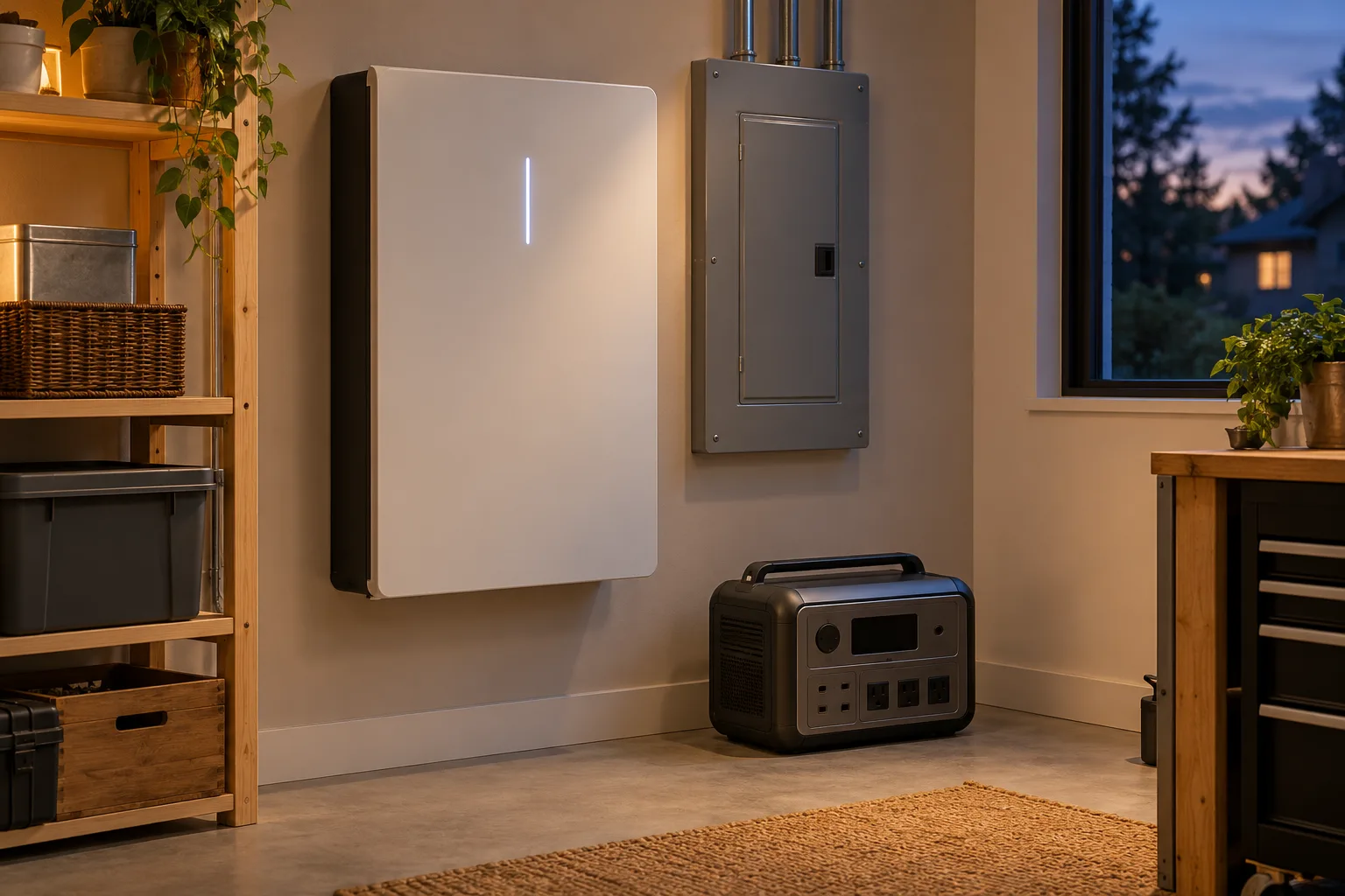 A portable battery station beside a quiet home utility room with installed backup equipment in the background