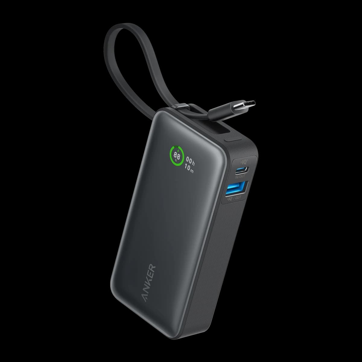 Anker Nano Power Bank A1259 with its built-in USB-C charging cable and display