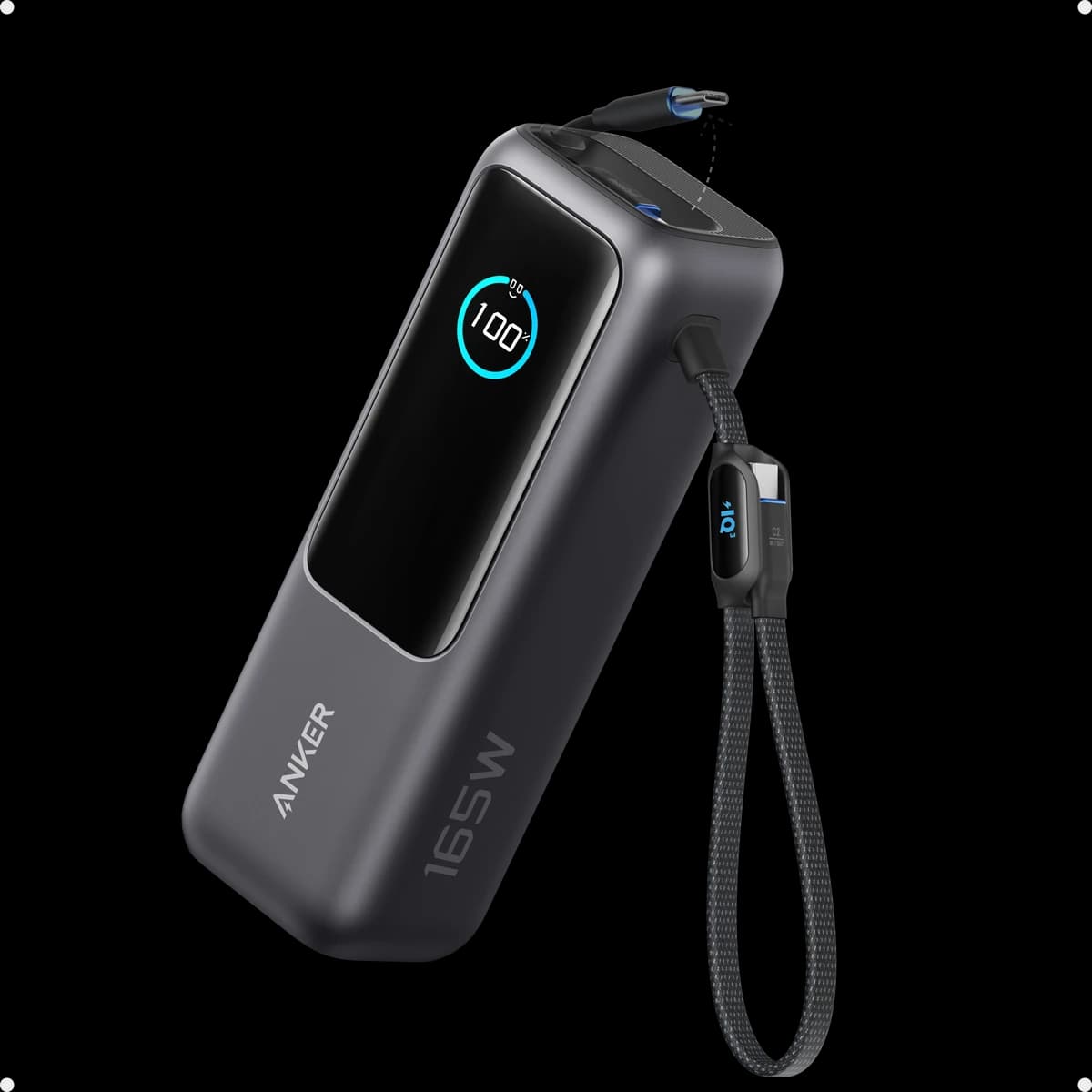 Anker Power Bank A1695 with its built-in retractable USB-C cable extended