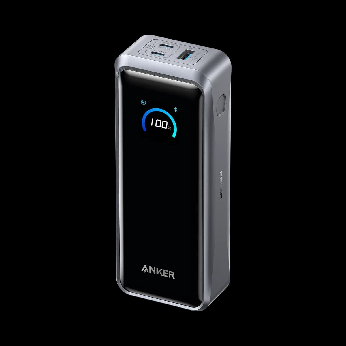 Anker Prime Power Bank A110A with its digital display showing a full charge