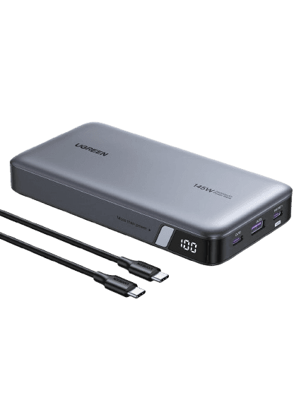 UGREEN 25,000mAh laptop power bank with three output ports and display