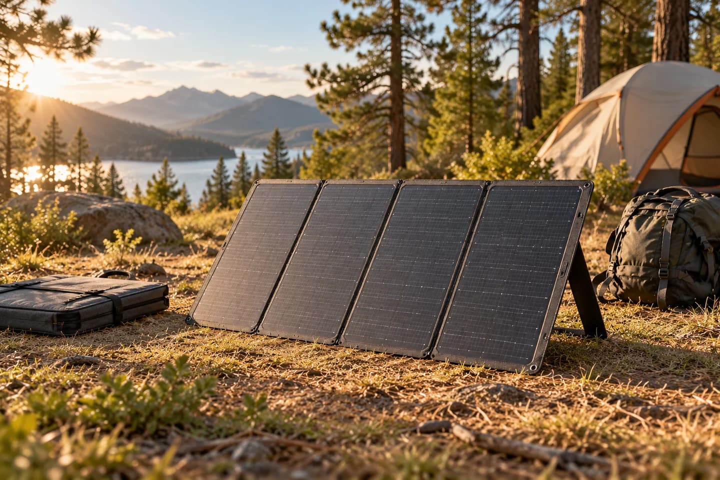 Foldable solar panel with its carrying case and a backpack at a sunlit woodland campsite
